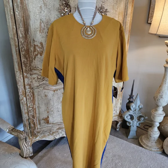 Kasper Mustard Dress with Royal Blue Details - Picture 1 of 7